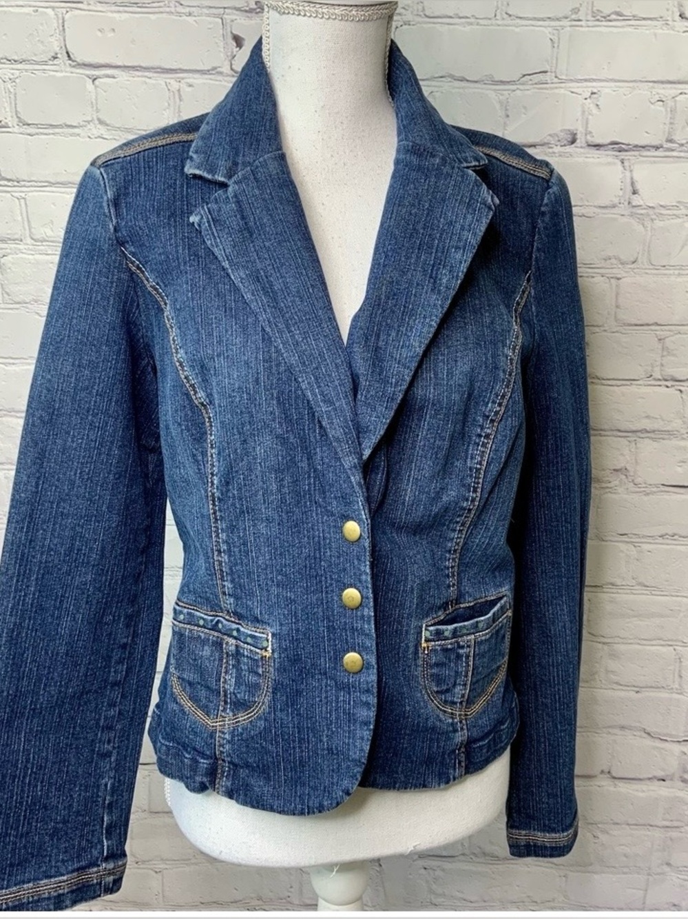 Casual Corner Stretch Vintage Denim Blazer Jacket 8